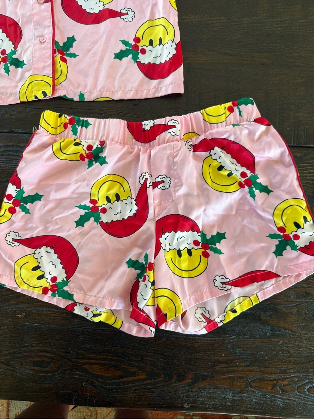 art class Pink Silky Holiday Smile Santa Face Pajama Set